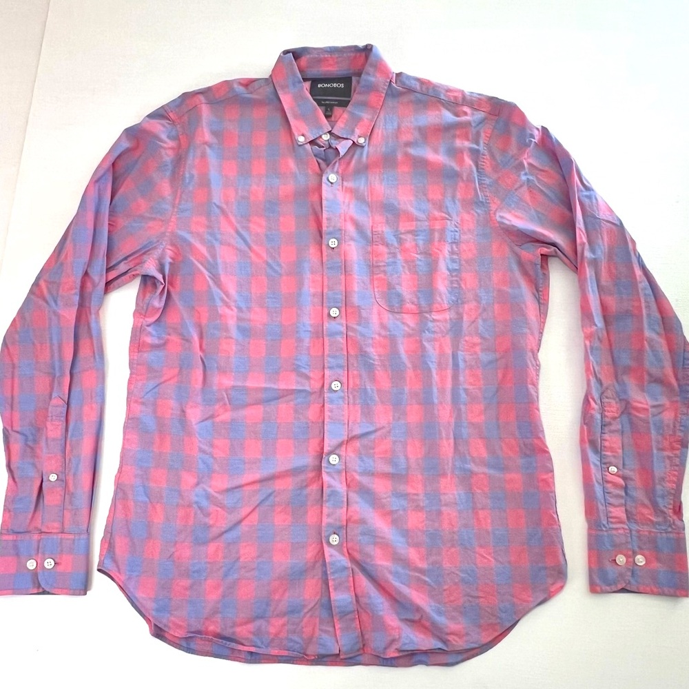 EUC L Bonobos Button Down Shirt Tailored Slim Fit Blue and Pink Plaid 015
